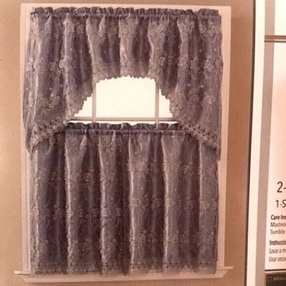 3PC Gloria Rich All Over Silver Embroidery Kitchen Curtain Set - Picture 1 of 2